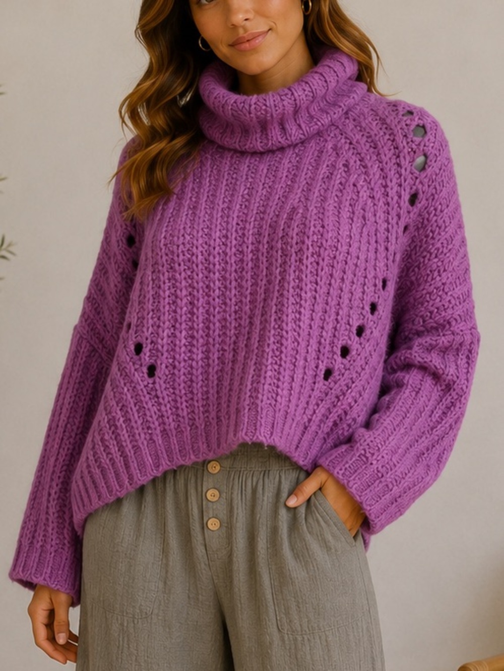 Suzy D Italian purple turtleneck sweater oversized cropped chunky one size